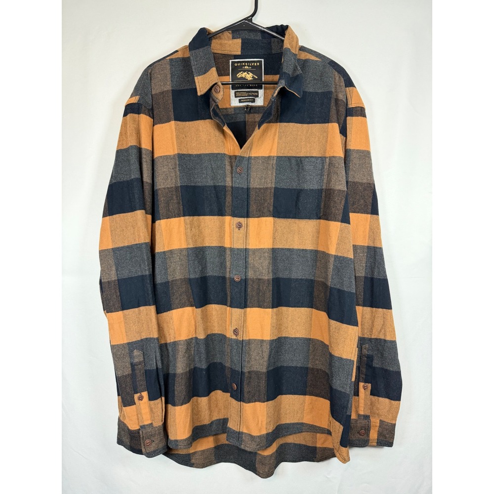 Quiksilver Mens XL Flannel Shirt Orange Grey Buffalo Plaid Regular Fit Button Up